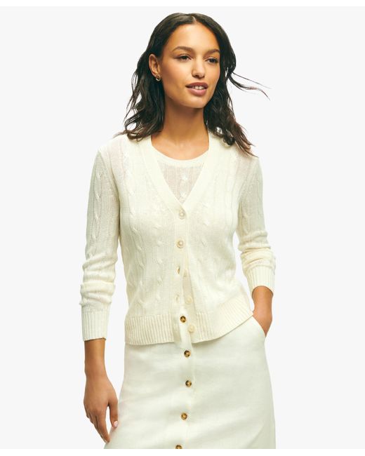 White Linen Cable Knit Cardigan di Brooks Brothers