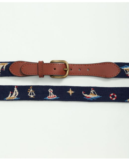 Brooks Brothers Blue Smathers & Branson Nautical Needlepoint Belt for men