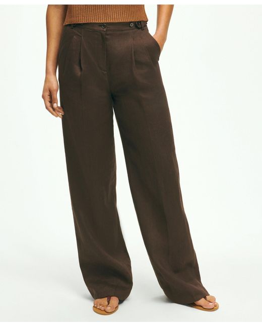 Brooks Brothers Brown Pleated Wide-leg Linen Trousers