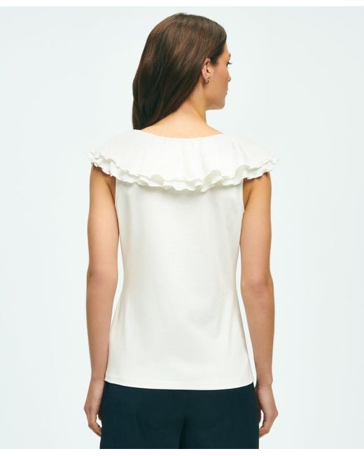 Brooks Brothers White Ruffle Collar Sleeveless Top In Cotton Modal Jersey