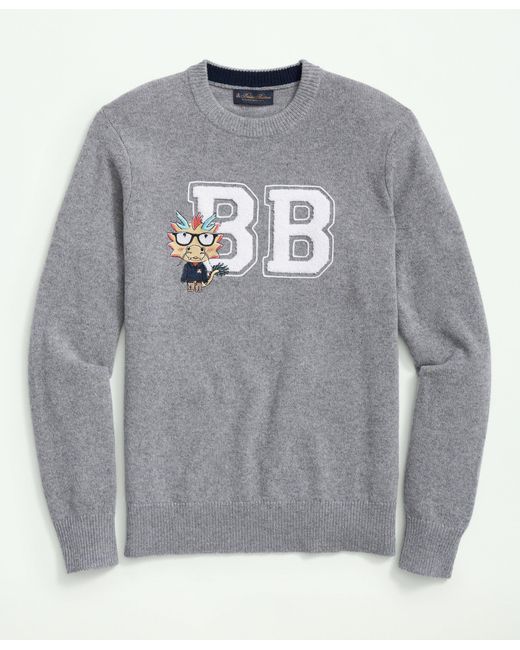 Brooks Brothers Gray Merino Wool Blend Crewneck Lunar New Year Dragon Embroidered Sweater for men