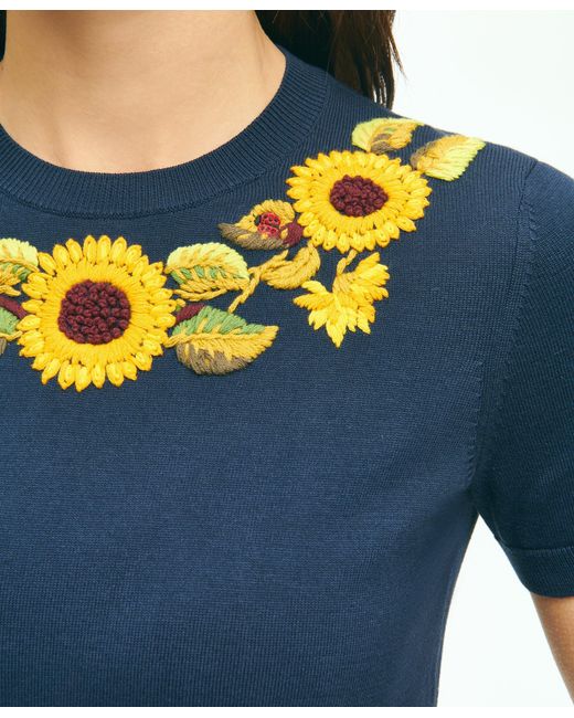 Brooks Brothers Blue Sunflower Embroidered Shell In Supima Cotton Sweater