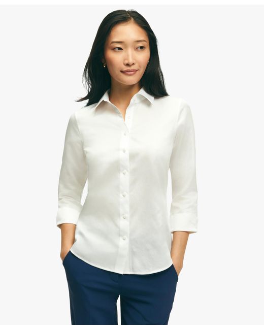 White Fitted Stretch Cotton Sateen Three-quarter Sleeve Blouse di Brooks Brothers