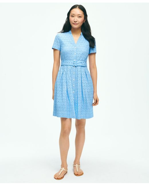 Brooks Brothers Blue Eyelet Belted Shirt Dress In Cotton
