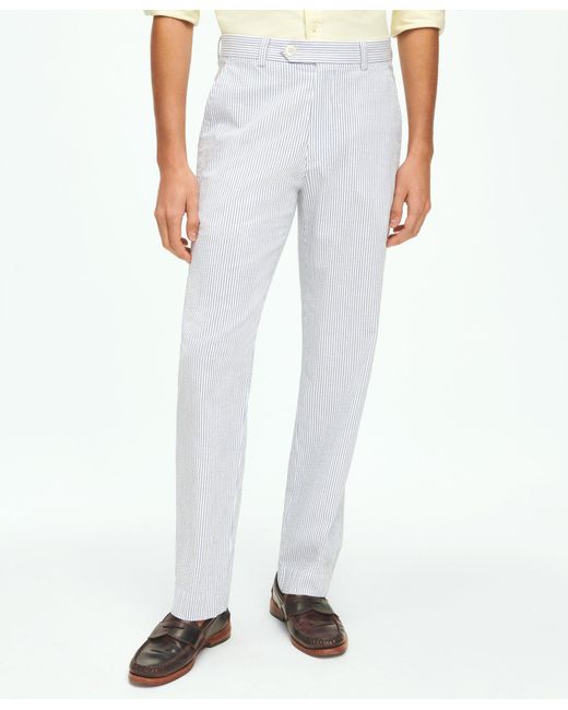 Brooks Brothers White Regular Fit Cotton Seersucker Pants In Classic Stripe for men