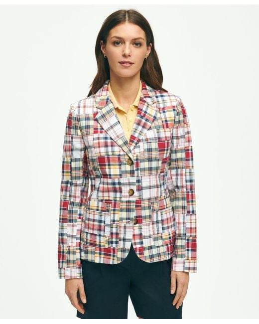 Brooks Brothers White Relaxed Madras Patchwork Jacket In Cotton