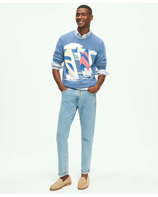 Brooks Brothers Blue Vintage-inspired Intarsia Sailboat Sweater In Supima Cotton for men
