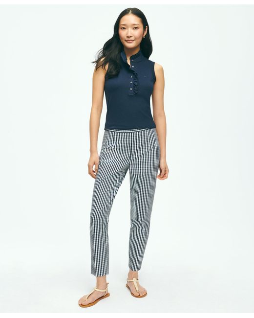Brooks Brothers Blue Gingham Side-zip Pant In Bi-stretch Cotton Twill