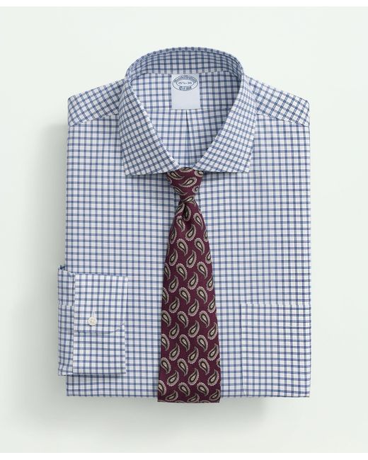 Brooks Brothers Blue Stretch Supima Cotton Non-iron Poplin English Spread Collar, Double Windowpane Dress Shirt for men