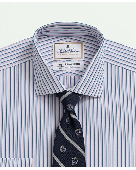 Brooks Brothers Blue X Thomas Mason Cotton Poplin English Collar, Multi Striped Dress Shirt for men