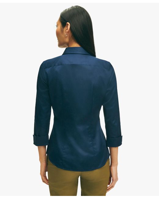 Brooks Brothers Blue Taillierte Bluse Mit Dreiviertelärmeln Aus Stretch-baumwollsatin In Marineblau