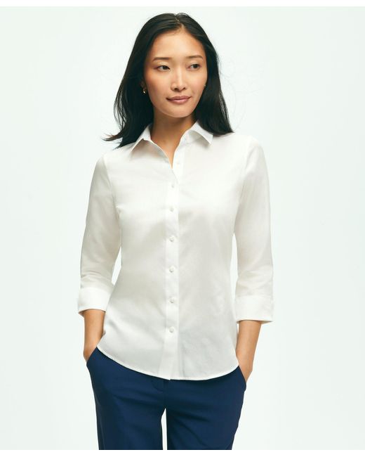 Brooks Brothers White Fitted Stretch Cotton Sateen Three-quarter Sleeve Blouse