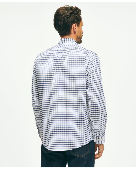 Brooks Brothers Blue Stretch Cotton Non-iron Oxford Polo Button Down Collar, Windowpane Shirt for men