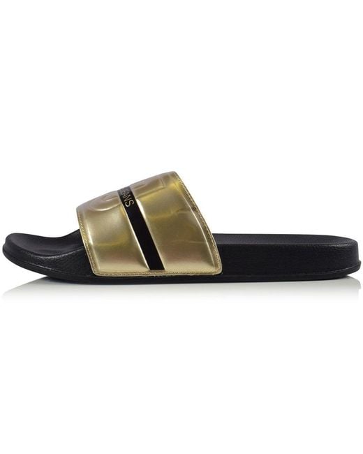 on feet images of size 40 united states Versace Jeans Denim Gold/black Vj Logo Sliders in Metallic for Men ... on feet images of size 40 united states Versace Jeans Denim Gold/black Vj Logo Sliders in Metallic for Men ...