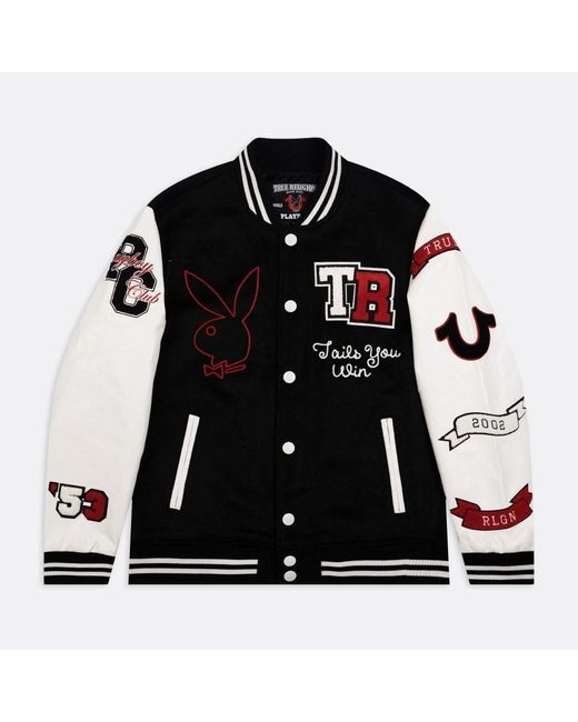 True Religion X Playboy & White Leather Varsity Bomber Jacket in Black