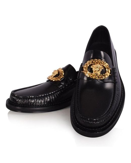 Versace Black Medusa Chain Leather Loafers for Men Lyst