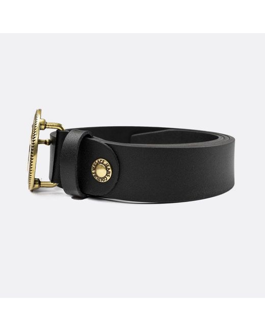 Versace Jeans Couture & Gold V-emblem Round Buckle Belt in Black