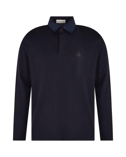 Lanvin Cotton Navy Blue Grosgrain Collar L/s Polo Shirt for Men - Lyst