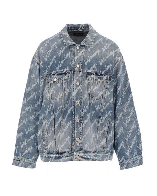 Balenciaga All Over Signature Oversized Denim Jacket in Blue for Men | Lyst