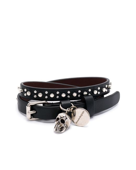 Alexander McQueen Black Skull Double-wrap Leather Bracelet for men