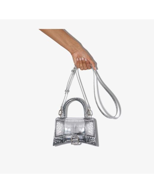 Balenciaga Gray Silver Hourglass Xs Mock Croc Top Handle Bag