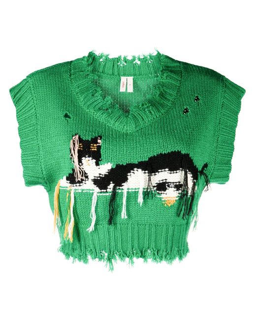 YUHAN WANG Green Kitty Frayed Knit Vest