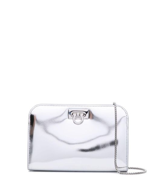 Ferragamo White -tone Mini Diana Metallic Clutch Bag