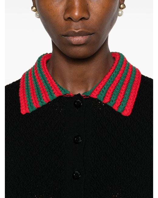 Gucci Black Web-stripe Crochet-knit Polo Shirt - Women's - Cotton/elastane/polyamide
