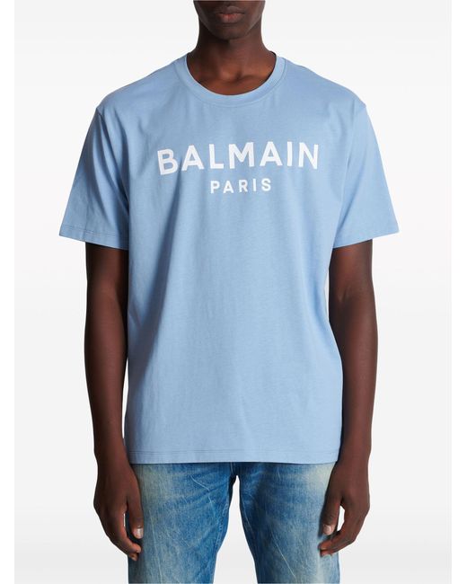 Balmain Blue Logo-print Cotton T-shirt for men