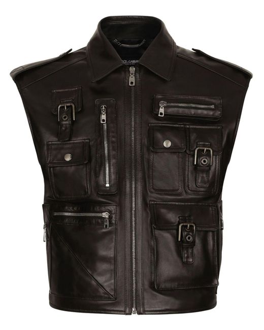 Dolce & Gabbana Black Bullhide Leather Cargo Gilet for men