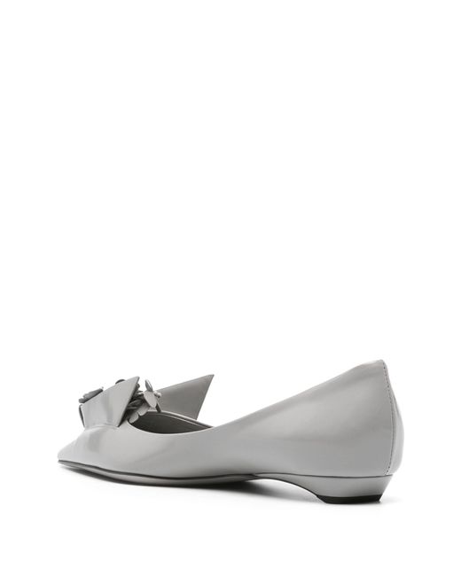 Prada Gray Floral-appliqué Leather Ballerina Shoes