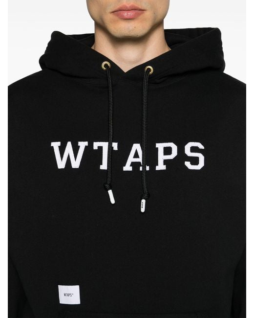 (w)taps Black Logo Patch Cotton Drawstring Hoodie for men