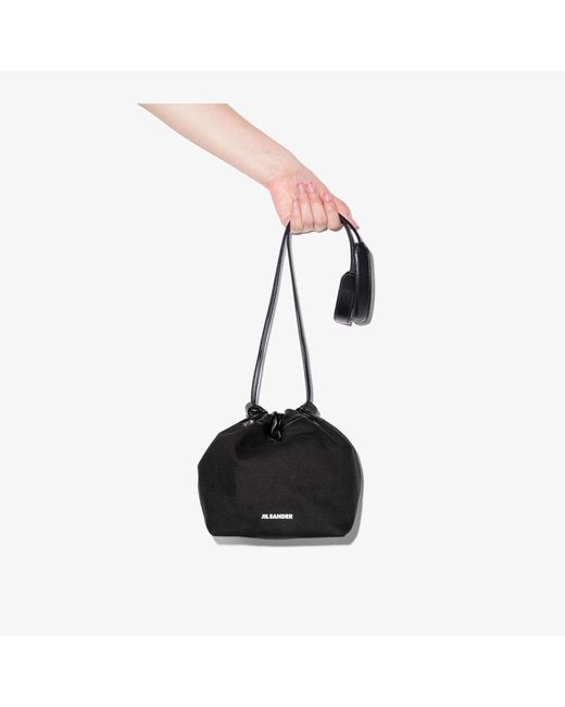 Jil Sander Drawstring Linen Shoulder Bag in Black | Lyst