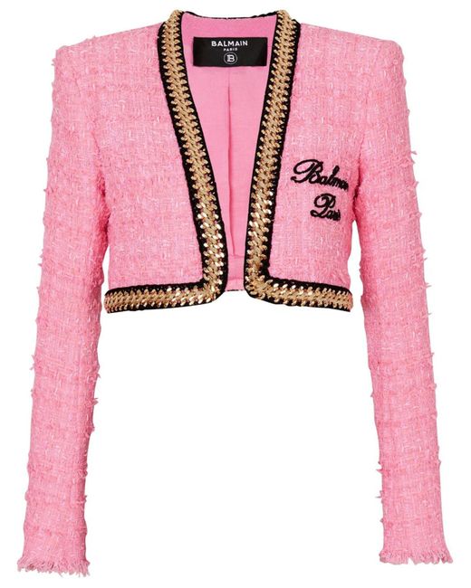 Balmain Pink Tweed Logo Cropped Blazer