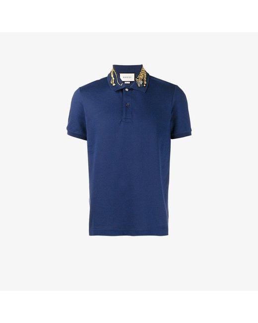 Gucci Blue Tiger Embroidered Polo Shirt for men