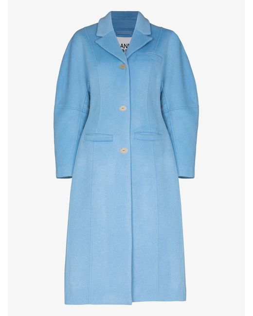 Ganni Blue Single-breasted Wool Coat