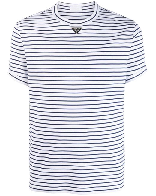 Prada Blue Triangle-logo Stripe-print T-shirt for men