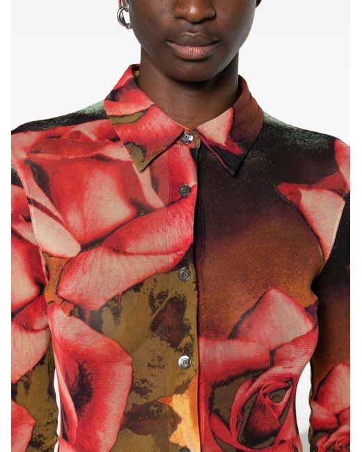 Jean Paul Gaultier Red Rose-print Mesh Shirt