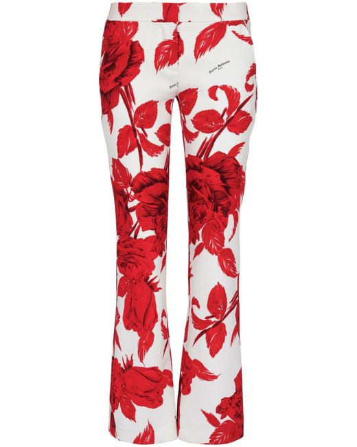 Balmain Red Crepe Rose Print Trousers