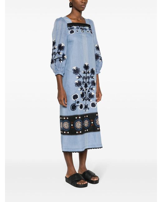 Vita Kin Blue Ulya Floral-embroidered Linen Dress - Women's - Linen/flax