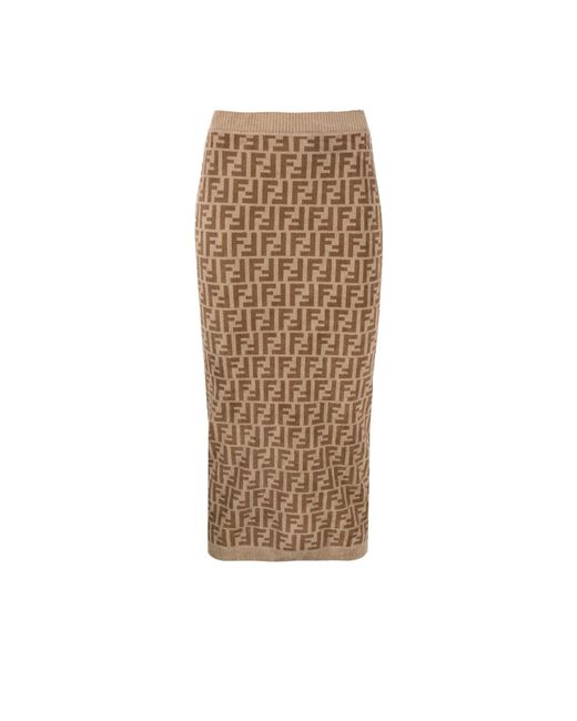 Fendi Brown Ff Logo Knitted Midi Skirt Lyst