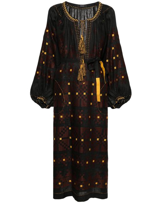 Vita Kin Black Pixel Geometric-embroidery Linen Dress