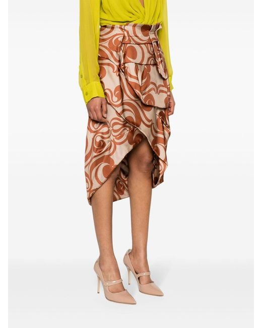 Dries Van Noten Orange Abstract-print Draped Silk Skirt