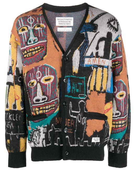 Wacko Maria Gray X Jean-michel Basquiat Black V-neck Cardigan for men