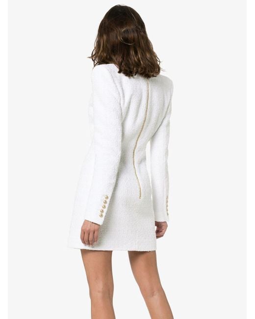 Balmain Asymmetric Button Tweed Blazer Dress in White | Lyst