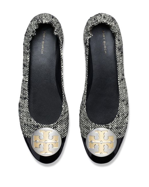 Tory Burch Gray Claire Tweed Ballet Pumps - Women's - Cotton/rubber/nappa Leather/patent Leather