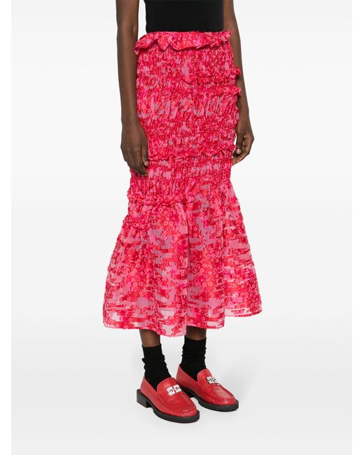 CECILIE BAHNSEN Pink Red Vianca Ruched Midi Skirt
