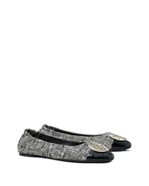 Tory Burch Gray Claire Tweed Ballet Pumps - Women's - Cotton/rubber/nappa Leather/patent Leather
