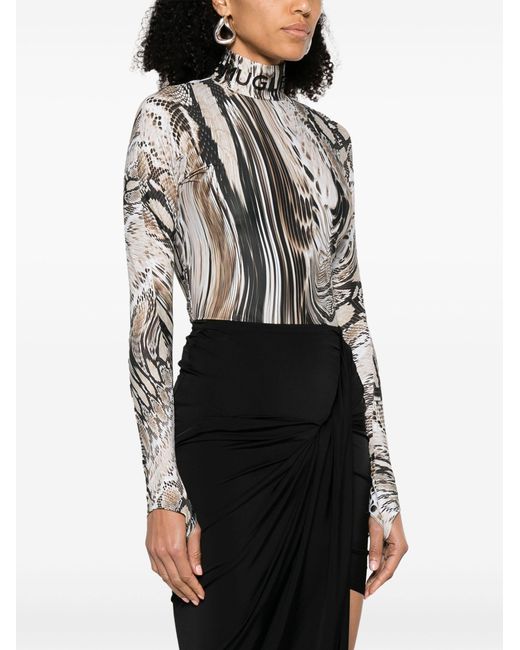 Mugler Warped Snakeskin-print Bodysuit in Black