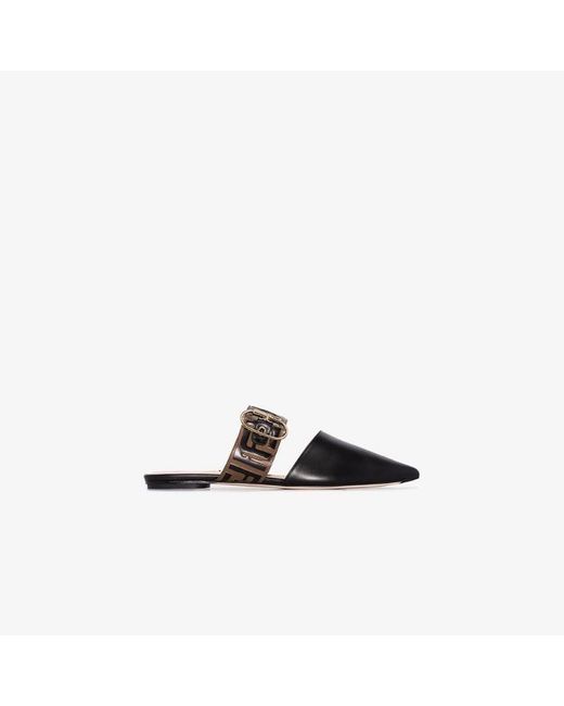 Fendi Sabot Vitello Ff Buckle Mules 37.5 Fuoco Maya Black